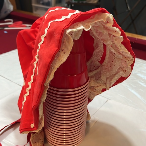 Red Prairie BONNET HAND MADE lace ruffle trim ribbon neck tie costume OS womens - Picture 9 of 13